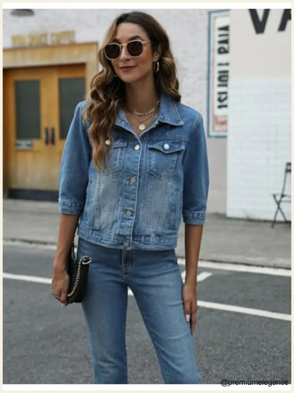 Cropped Denim Jacket 3/4 Sleeve Button Up Trucker Coat Lightweight